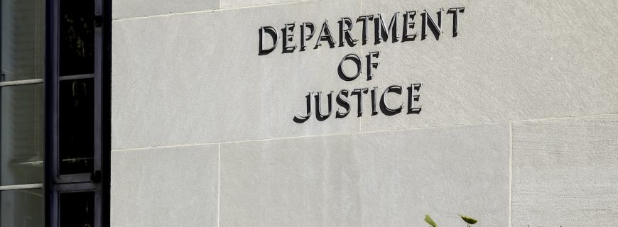 Washington D.C., USA - February 29, 2020: Sign of United States Department of Justice(DOJ) at its headquarters building in Washington, D.C. USA